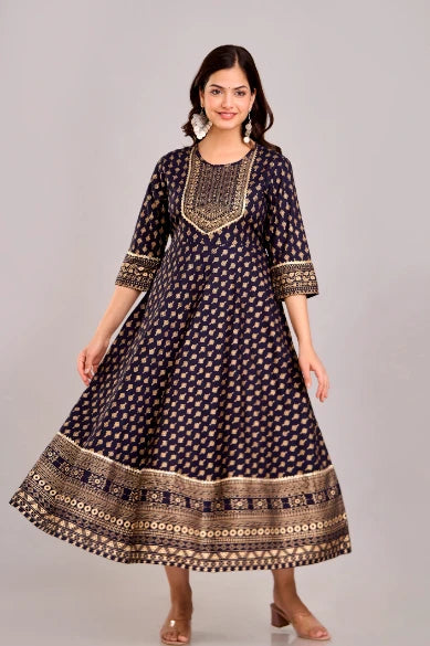 Bairaj Blue Anarkali Gown in Viscose Rayon with Embroidery design Front View Flared