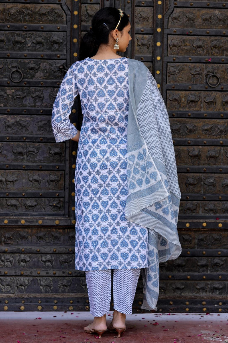 Bairaj Blue Booty Print Women Kurta Pyjama Dupatta Set in Viscose Rayon