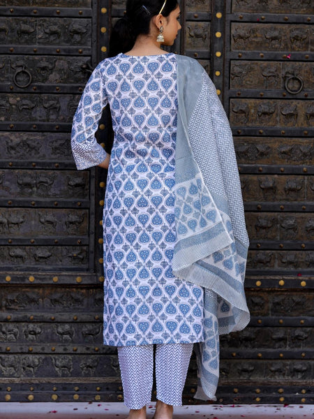 Bairaj Blue Booty Print Women Kurta Pyjama Dupatta Set in Viscose Rayon