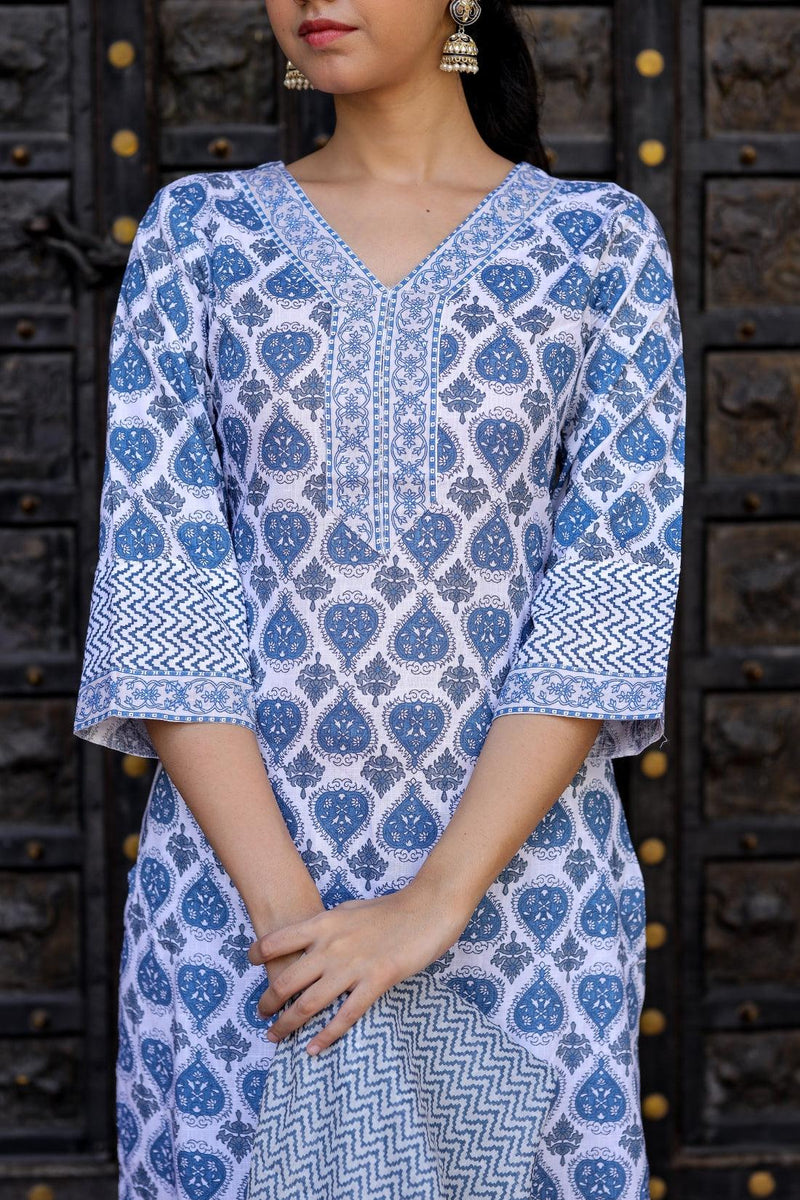 Bairaj Blue Booty Print Women Kurta Pyjama Dupatta Set in Viscose Rayon