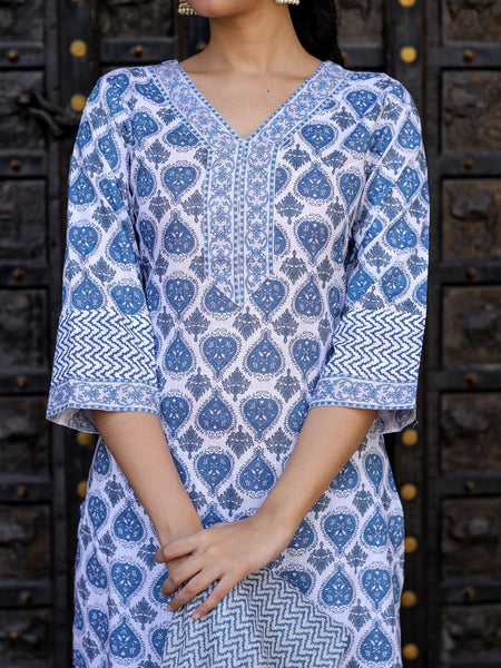 Bairaj Blue Booty Print Women Kurta Pyjama Dupatta Set in Viscose Rayon