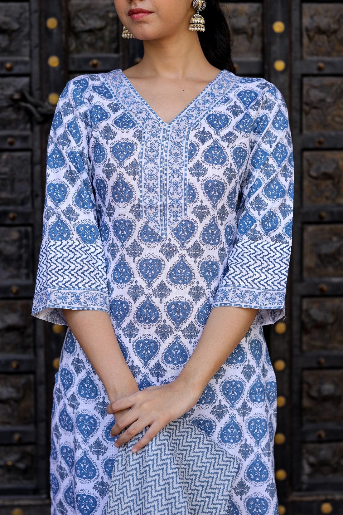 Bairaj Blue Booty Print Women Kurta Pyjama Dupatta Set in Viscose Rayon
