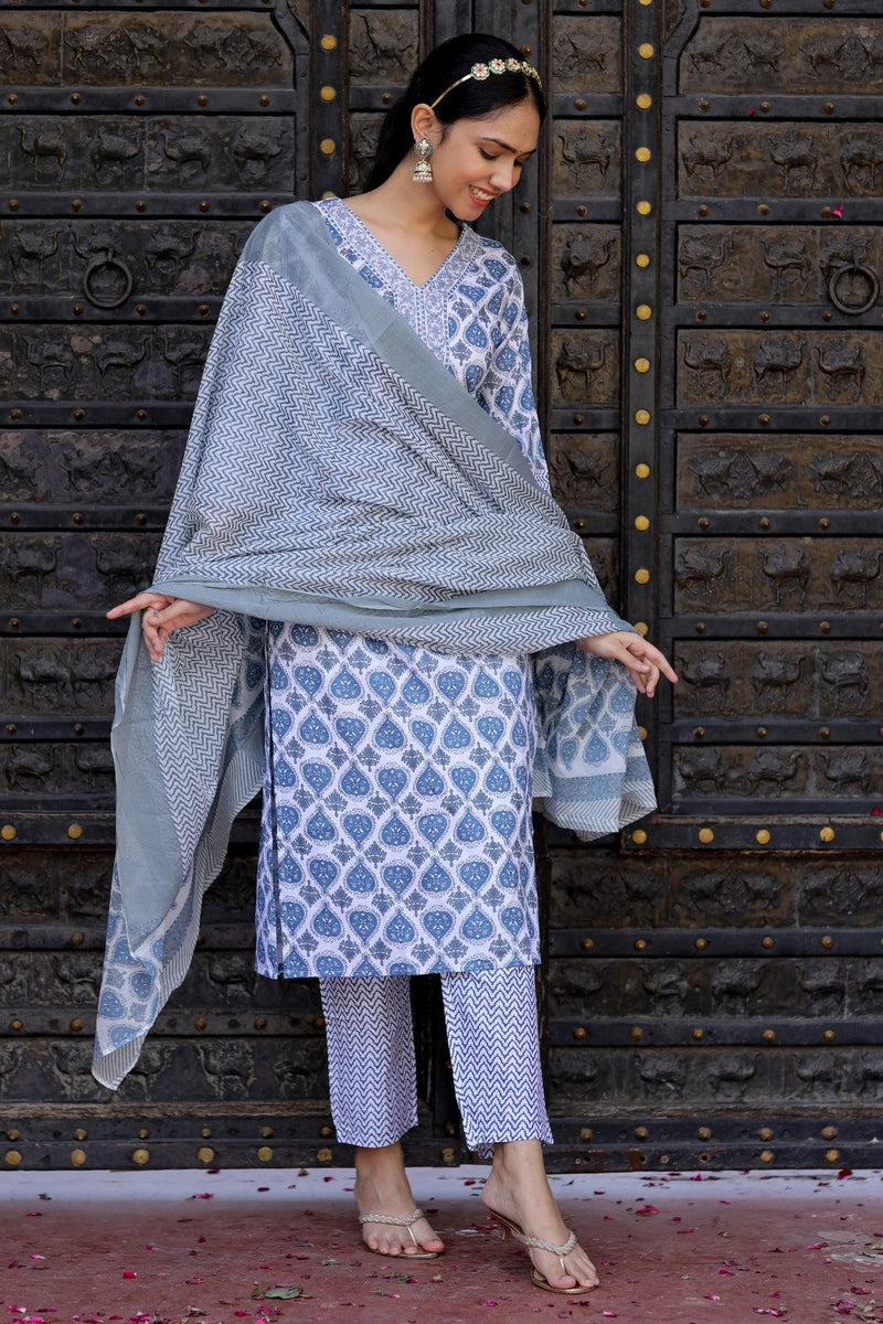 Bairaj Blue Booty Print Women Kurta Pyjama Dupatta Set in Viscose Rayon