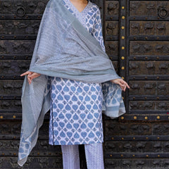 Bairaj Blue Booty Print Women Kurta Pyjama Dupatta Set in Viscose Rayon