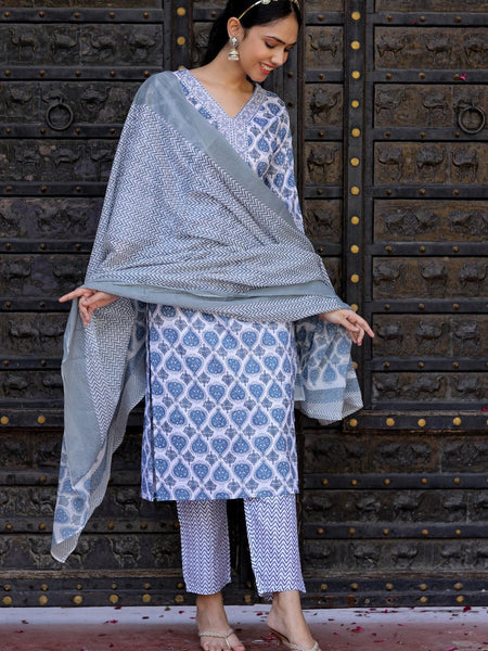 Bairaj Blue Booty Print Women Kurta Pyjama Dupatta Set in Viscose Rayon