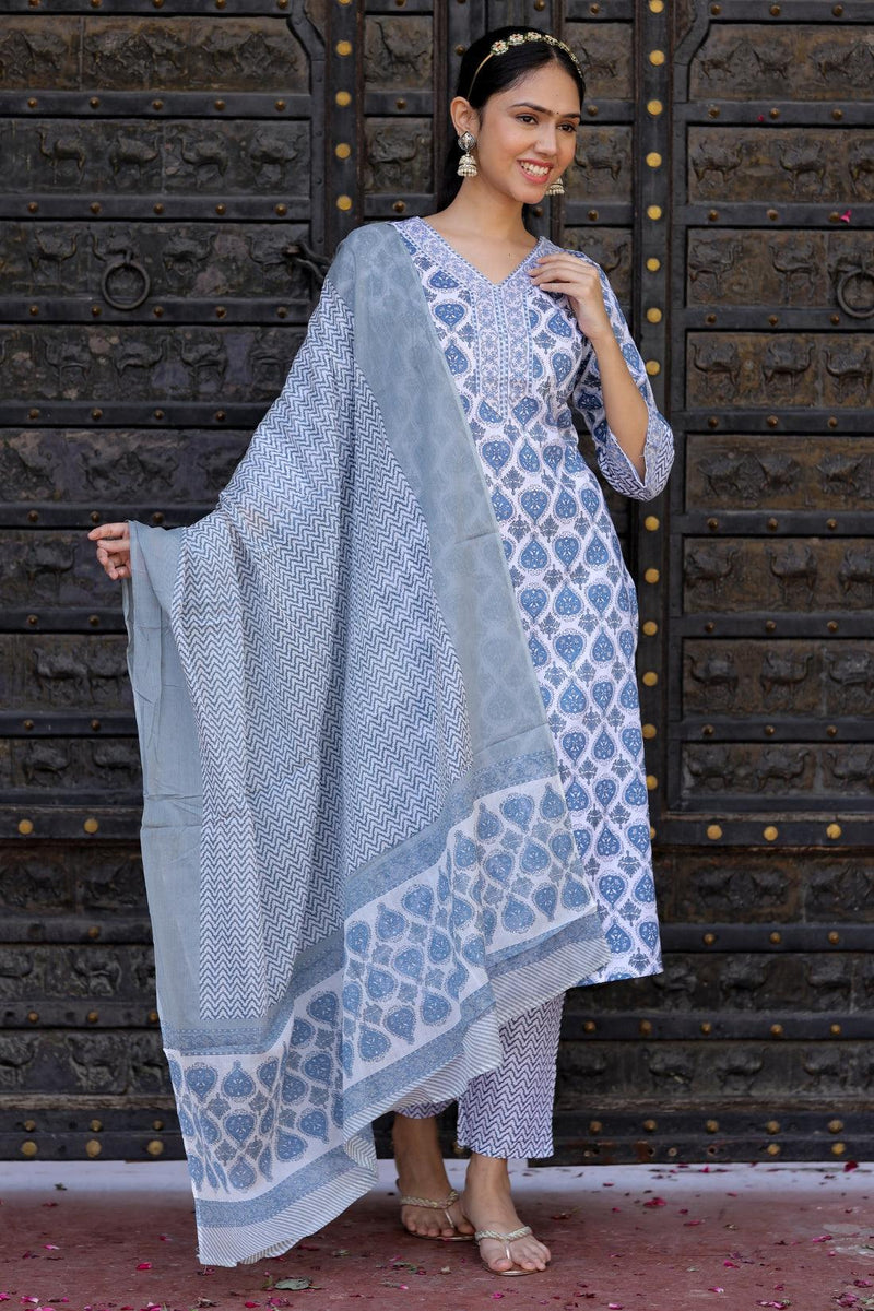 Bairaj Blue Booty Print Women Kurta Pyjama Dupatta Set in Viscose Rayon
