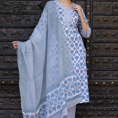 Bairaj Blue Booty Print Women Kurta Pyjama Dupatta Set in Viscose Rayon