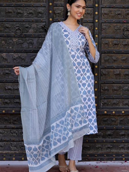Bairaj Blue Booty Print Women Kurta Pyjama Dupatta Set in Viscose Rayon