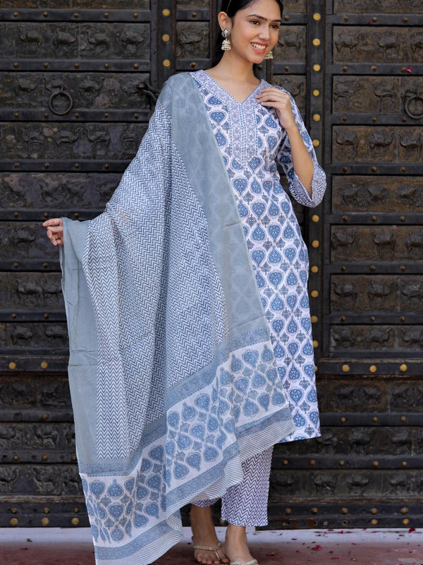 Bairaj Blue Booty Print Women Kurta Pyjama Dupatta Set in Viscose Rayon