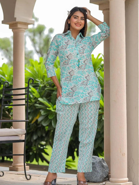 Bairaj Cotton Printed Women Cord Set with Designer Buttons and Cotton Pants