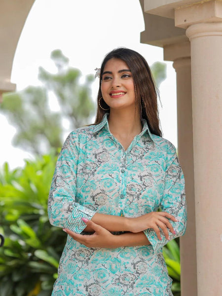 Bairaj Cotton Printed Women Cord Set with Designer Buttons and Cotton Pants