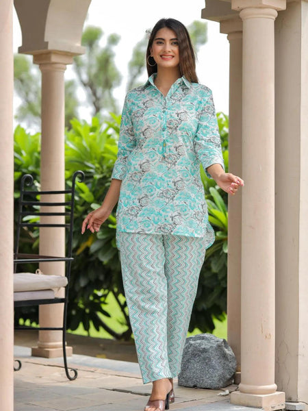Bairaj Cotton Printed Women Cord Set with Designer Buttons and Cotton Pants