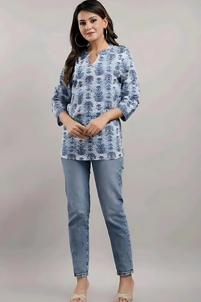 Bairaj Cotton Printed Regular Wear Women Top in Blue Color