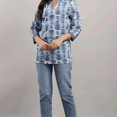 Bairaj Cotton Printed Regular Wear Women Top in Blue Color
