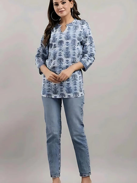 Bairaj Cotton Printed Regular Wear Women Top in Blue Color