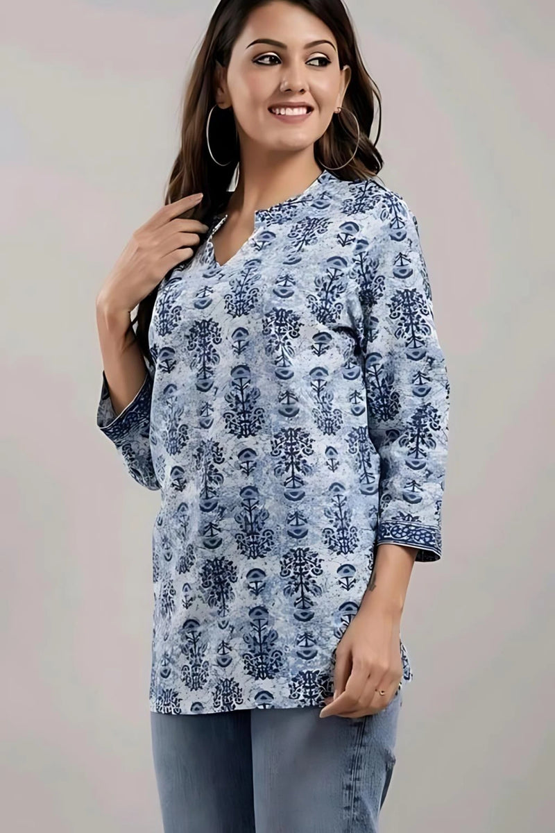 Bairaj Cotton Printed Regular Wear Women Top in Blue Color