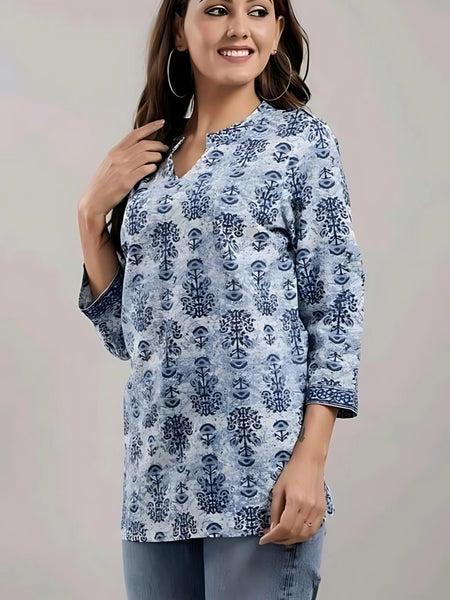 Bairaj Cotton Printed Regular Wear Women Top in Blue Color