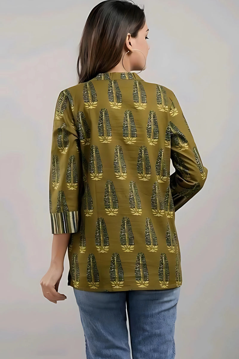 Bairaj Cotton Printed Regular Wear Women Top in Mehendi Color