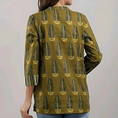 Bairaj Cotton Printed Regular Wear Women Top in Mehendi Color