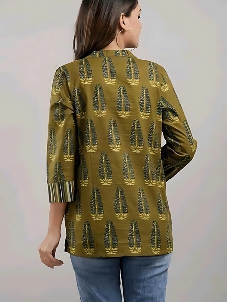 Bairaj Cotton Printed Regular Wear Women Top in Mehendi Color