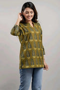 Bairaj Cotton Printed Regular Wear Women Top in Mehendi Color
