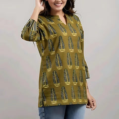 Bairaj Cotton Printed Regular Wear Women Top in Mehendi Color