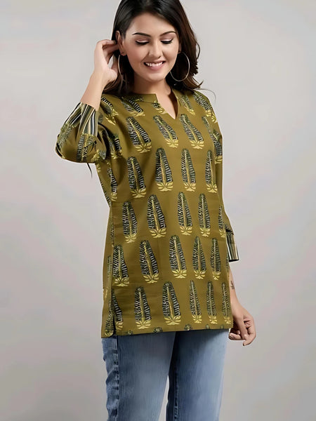 Bairaj Cotton Printed Regular Wear Women Top in Mehendi Color