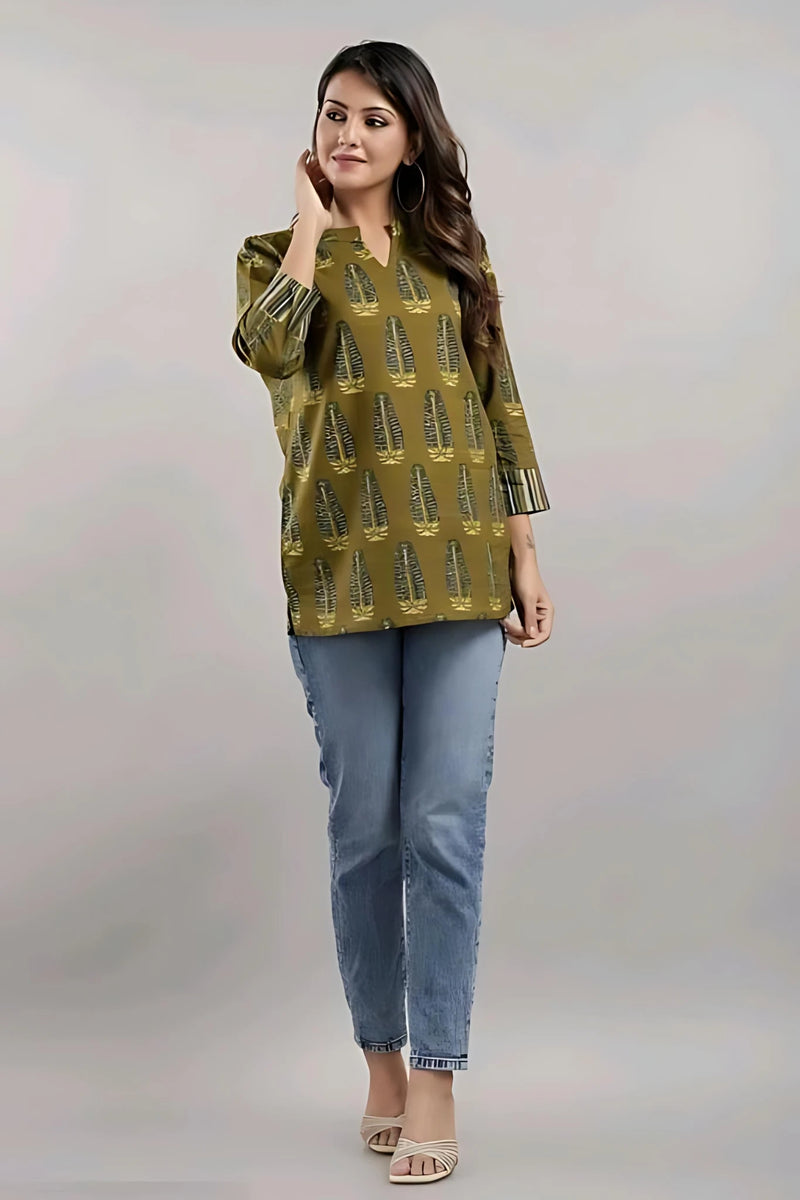 Bairaj Cotton Printed Regular Wear Women Top in Mehendi Color