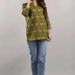 Bairaj Cotton Printed Regular Wear Women Top in Mehendi Color