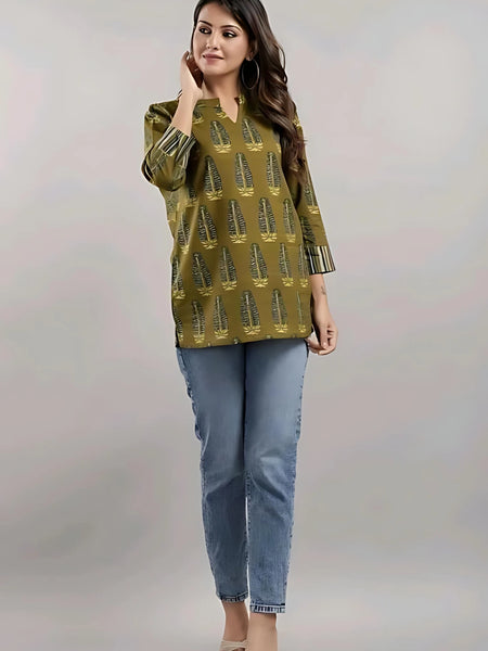 Bairaj Cotton Printed Regular Wear Women Top in Mehendi Color