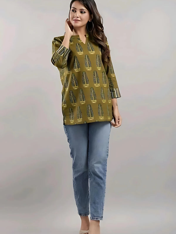 Bairaj Cotton Printed Regular Wear Women Top in Mehendi Color