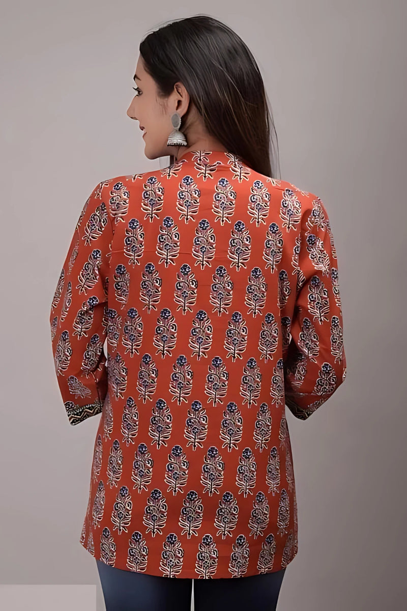 Bairaj Cotton Printed Regular Wear Women Top in Rust Color