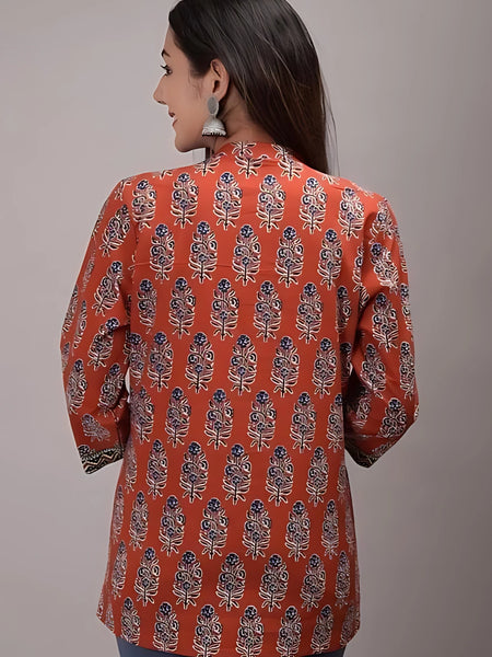 Bairaj Cotton Printed Regular Wear Women Top in Rust Color