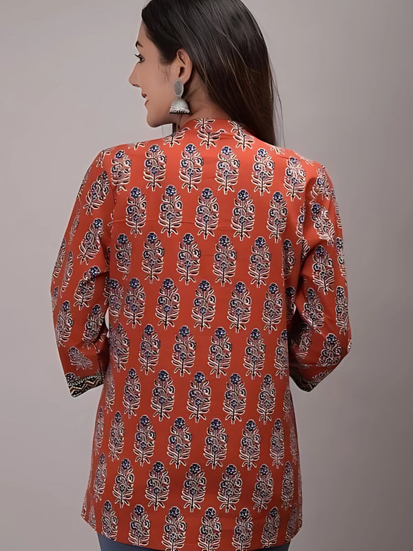 Bairaj Cotton Printed Regular Wear Women Top in Rust Color
