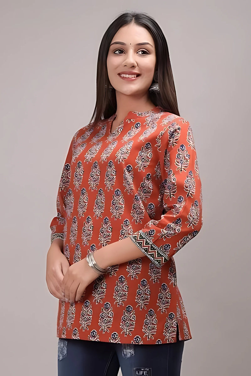 Bairaj Cotton Printed Regular Wear Women Top in Rust Color