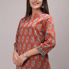 Bairaj Cotton Printed Regular Wear Women Top in Rust Color