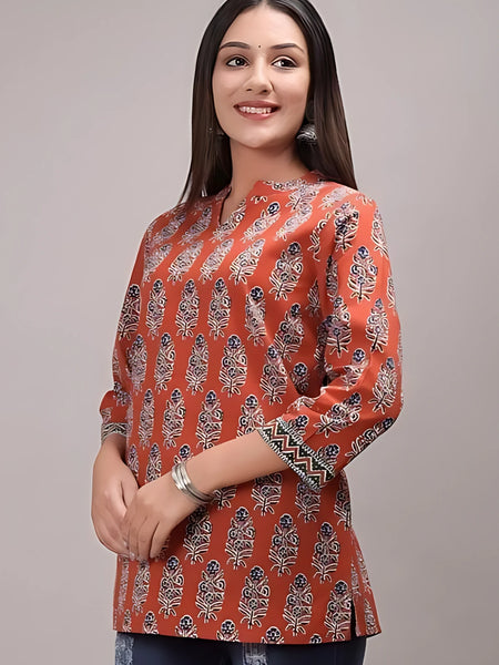 Bairaj Cotton Printed Regular Wear Women Top in Rust Color
