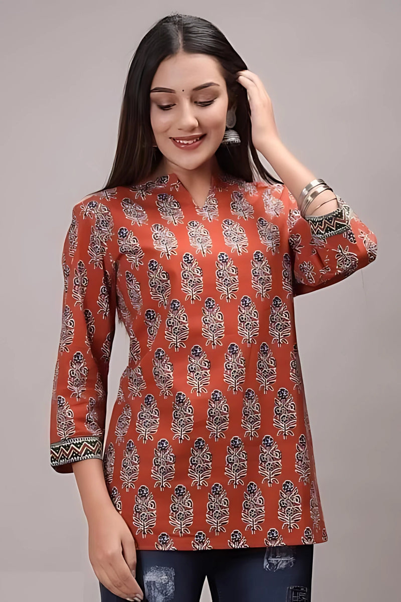 Bairaj Cotton Printed Regular Wear Women Top in Rust Color