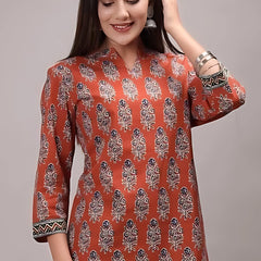 Bairaj Cotton Printed Regular Wear Women Top in Rust Color