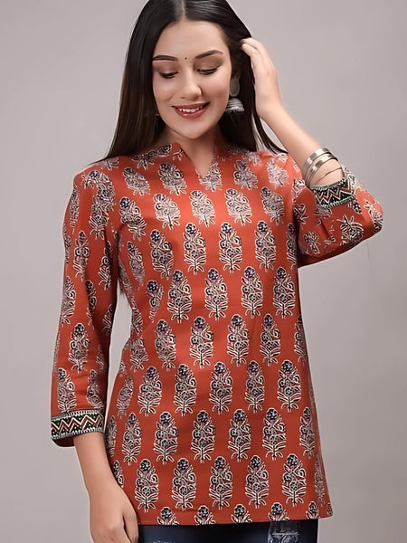 Bairaj Cotton Printed Regular Wear Women Top in Rust Color