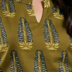 Bairaj Cotton Printed Regular Wear Women Top in Mehendi Color