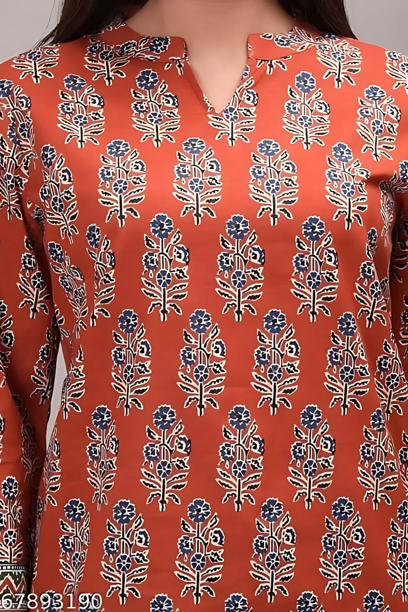 Bairaj Cotton Printed Regular Wear Women Top in Rust Color