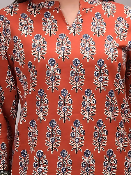 Bairaj Cotton Printed Regular Wear Women Top in Rust Color