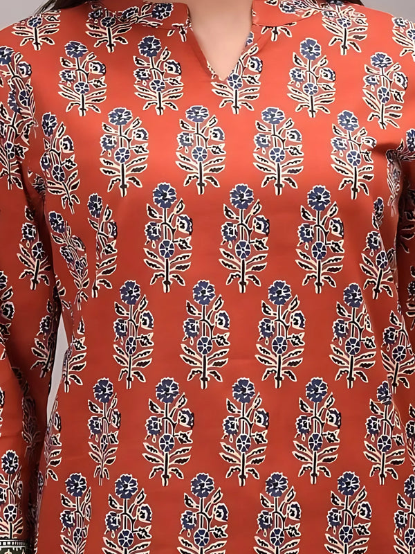 Bairaj Cotton Printed Regular Wear Women Top in Rust Color