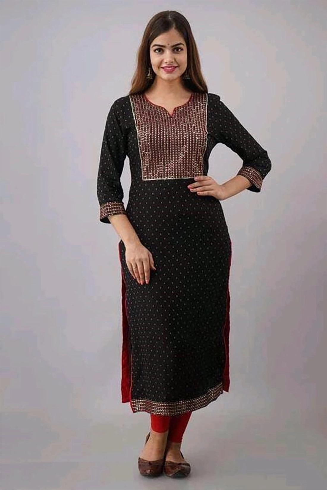Bairaj Embroidered and Printed Straight Black Women Kurta in Rayon