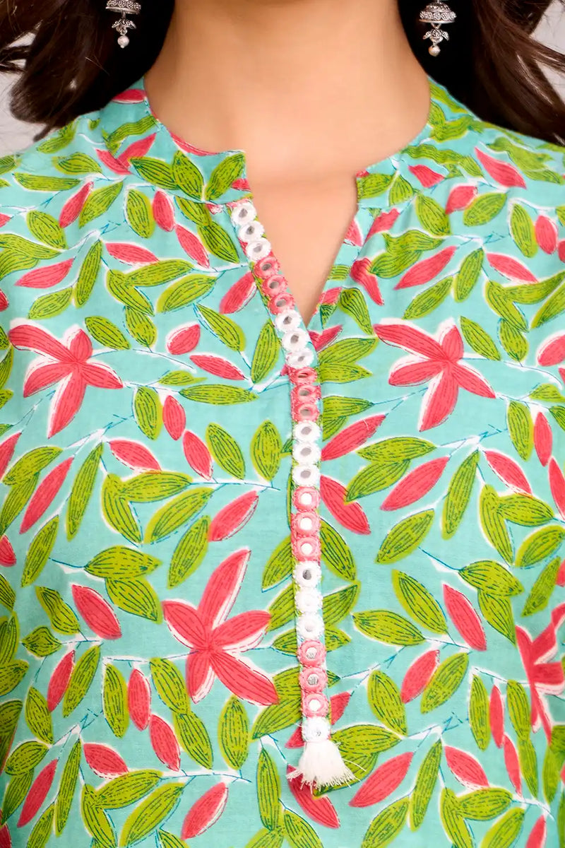 Floral Printed Green Aline Kurta