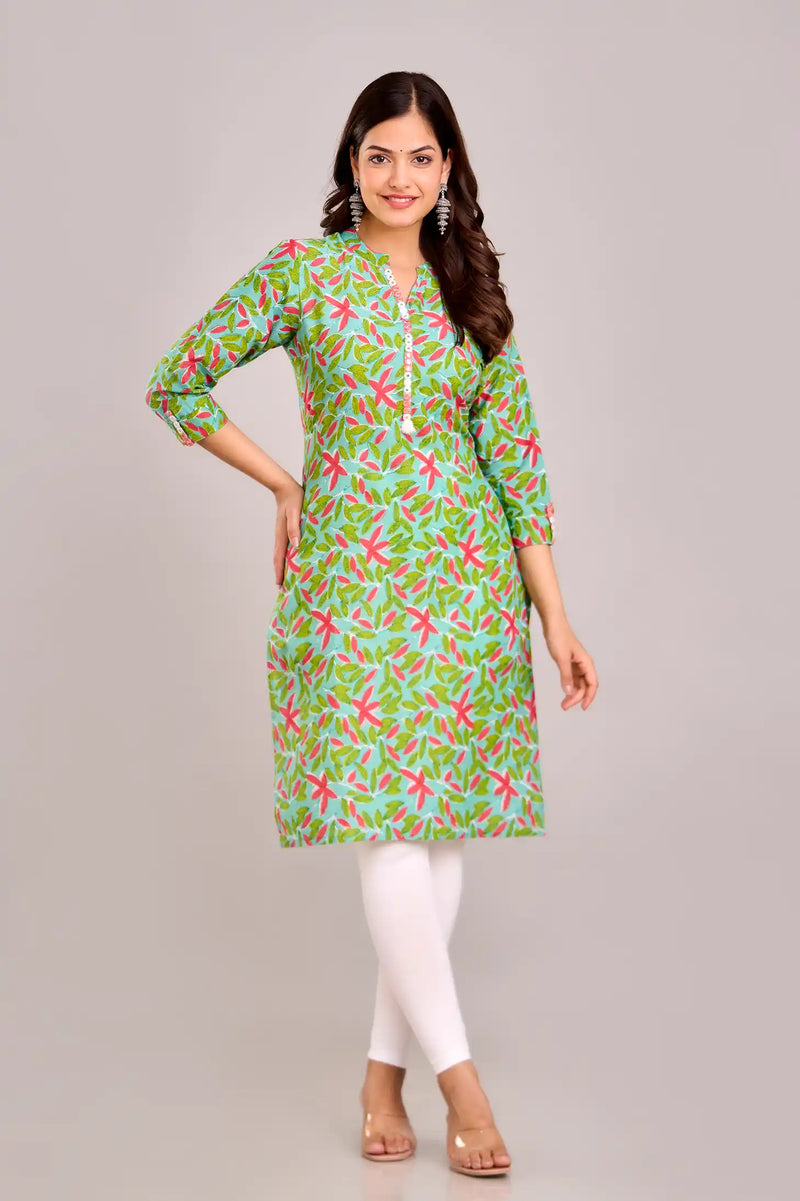 Floral Printed Green Aline Kurta