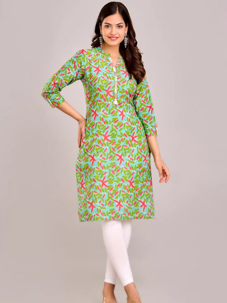 Floral Printed Green Aline Kurta