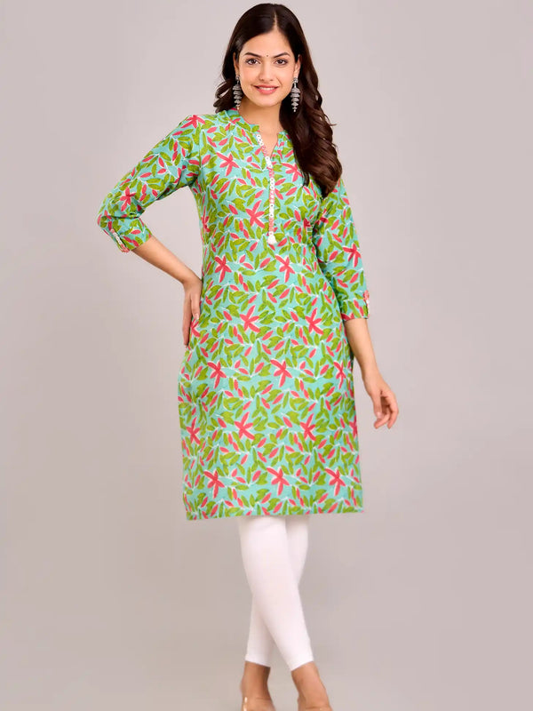 Floral Printed Green Aline Kurta