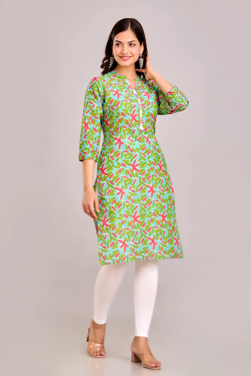Floral Printed Green Aline Kurta
